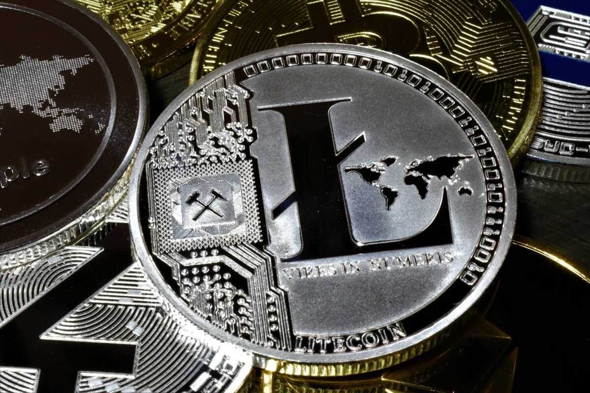 Detailed close-up of Litecoin cryptocurrency coins, symbolizing digital currency and online finance.