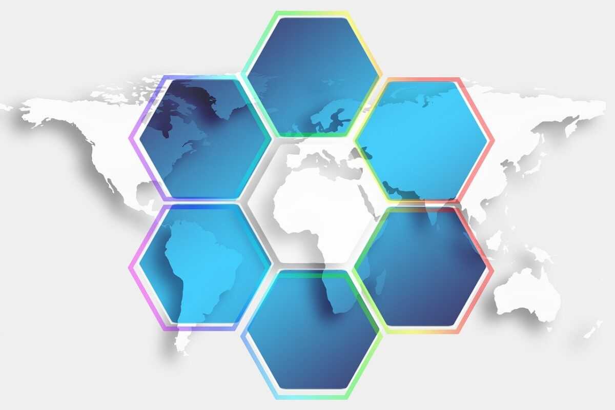 hexagon, world map, network