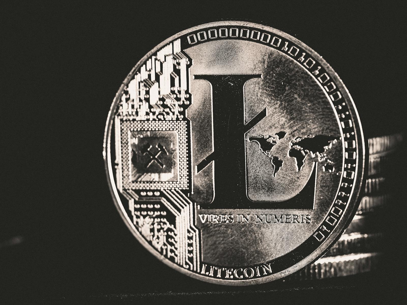 Detailed close-up of a Litecoin cryptocurrency coin in monochrome. Ideal for fintech themes.