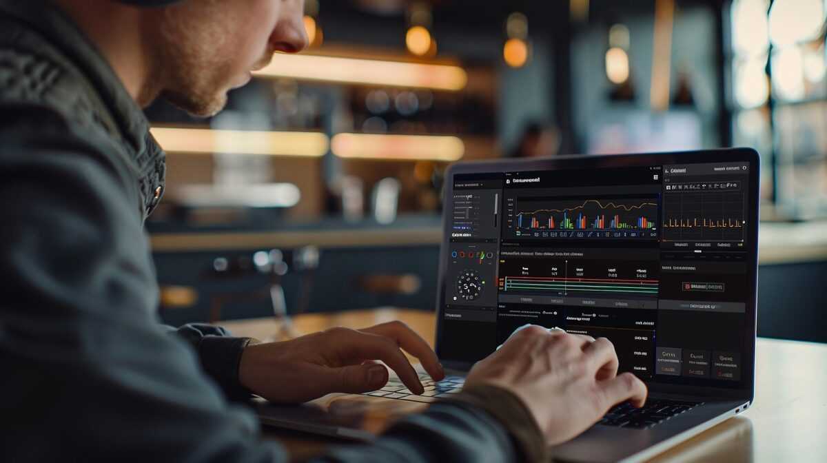 laptop, data analysis, charts, graphs, workspace, modern office, professional, technology, computer, man working, office environment, blurred background, focus, business, tech-savvy, analysis, digital, contemporary, data-driven, monitoring, screen, business analysis, office, computer screen, analytics, ai generated