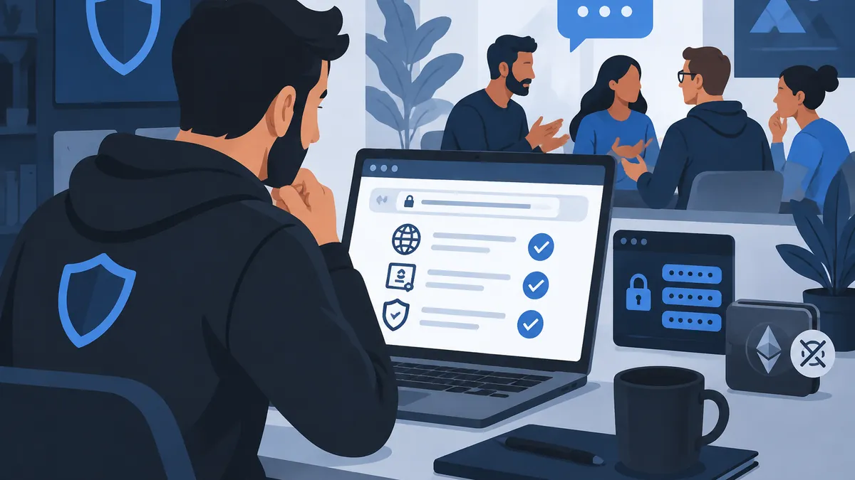 Moderator prüft eine externe Browser-Domain und Sicherheitsregeln für eine Krypto-Community.