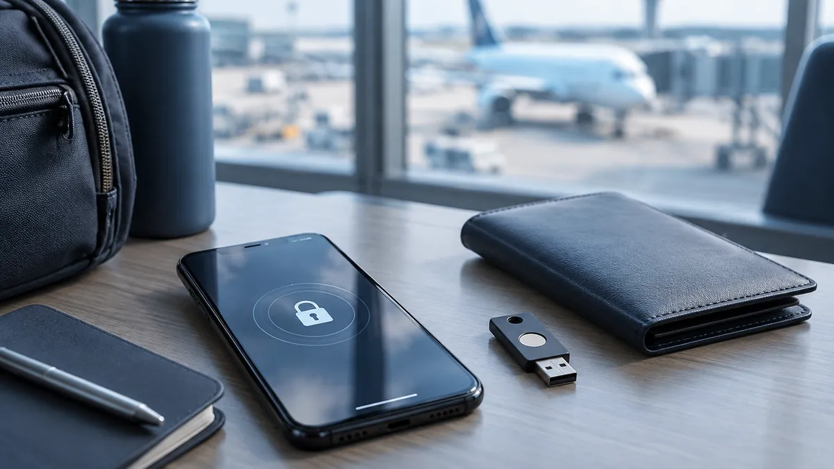 Smartphone und Sicherheitsschlüssel als Vorbereitung für sicheren Krypto-Zugang auf Reisen