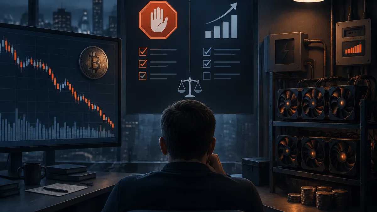 Illustration einer Entscheidung zwischen Krypto-Nachkauf und weiterer Investition in Mining-Hardware